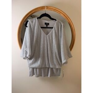 MSK Blouse Women Large Silver New Metallic Split Sleeve Rhinestone V-Neck Top